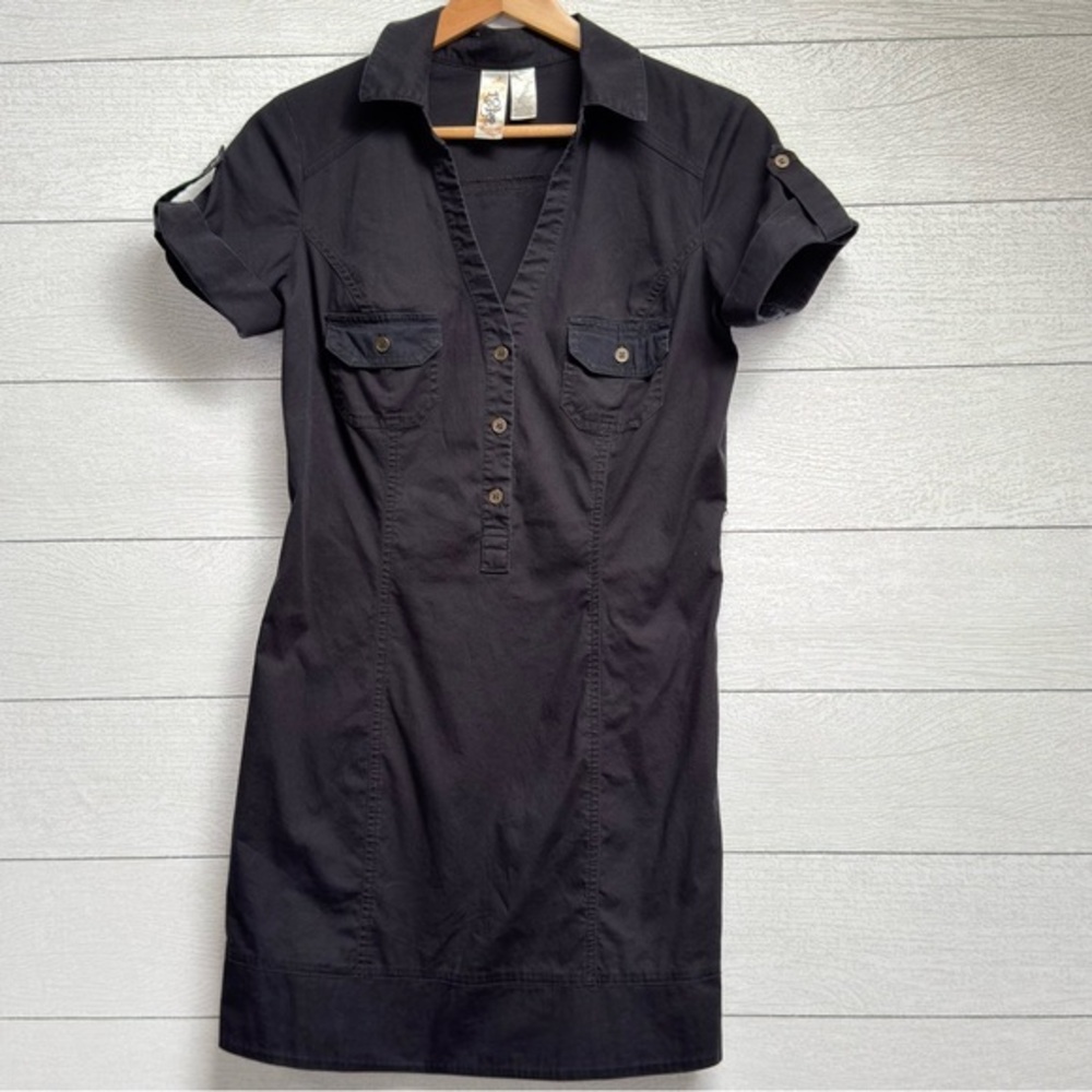 L8ter | Black Cotton Utility Mini Shirt Dress – Y2K Safari Casual | Size S